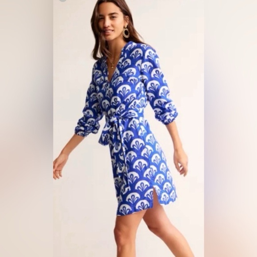 Boden Linen Blue and White Printed Mini Wrap Dress